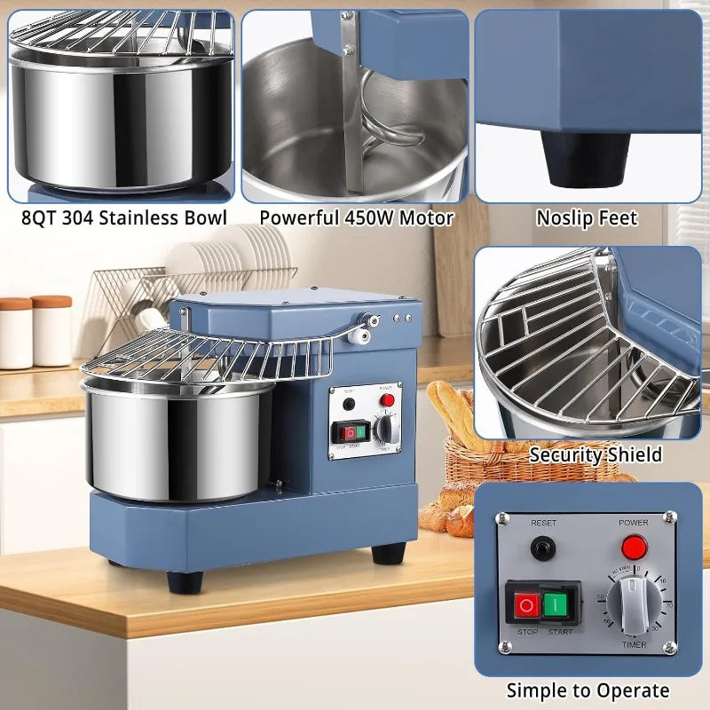 450W Dual Rotating Dough Kneading Machine with Security Shield & Timer Included, Baking Equipment for Restaurant Pizzeria